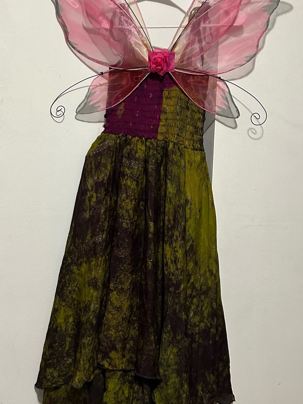 NWT Green and Purple Fairy Silk Dress with Pink Wings